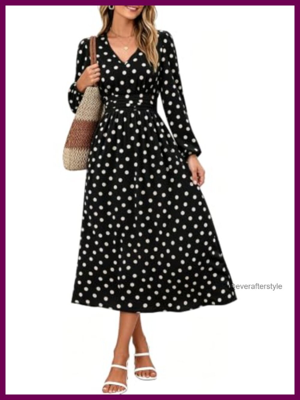 Women's Polka Dot Midi Dress Puff Sleeve Smocked Waist Fall